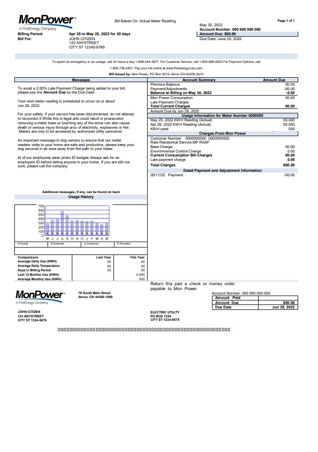 USA Mon Power utility bill template in Word and PDF format